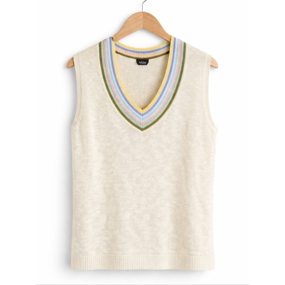 Talbots Linen Cotton Sleeveless V Neck Ivory Pastel Trimmed Preppy Sweater Vest
